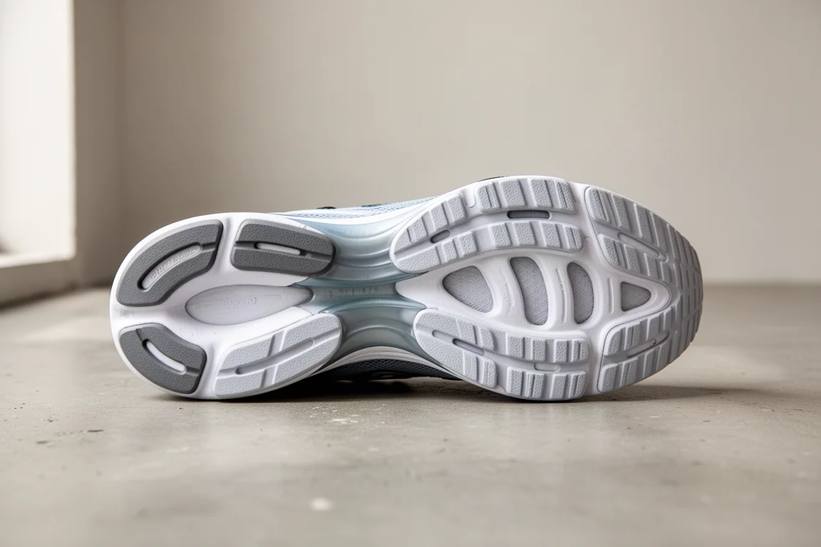 Close-up of a green running shoe midsole showing the two-piece plate construction