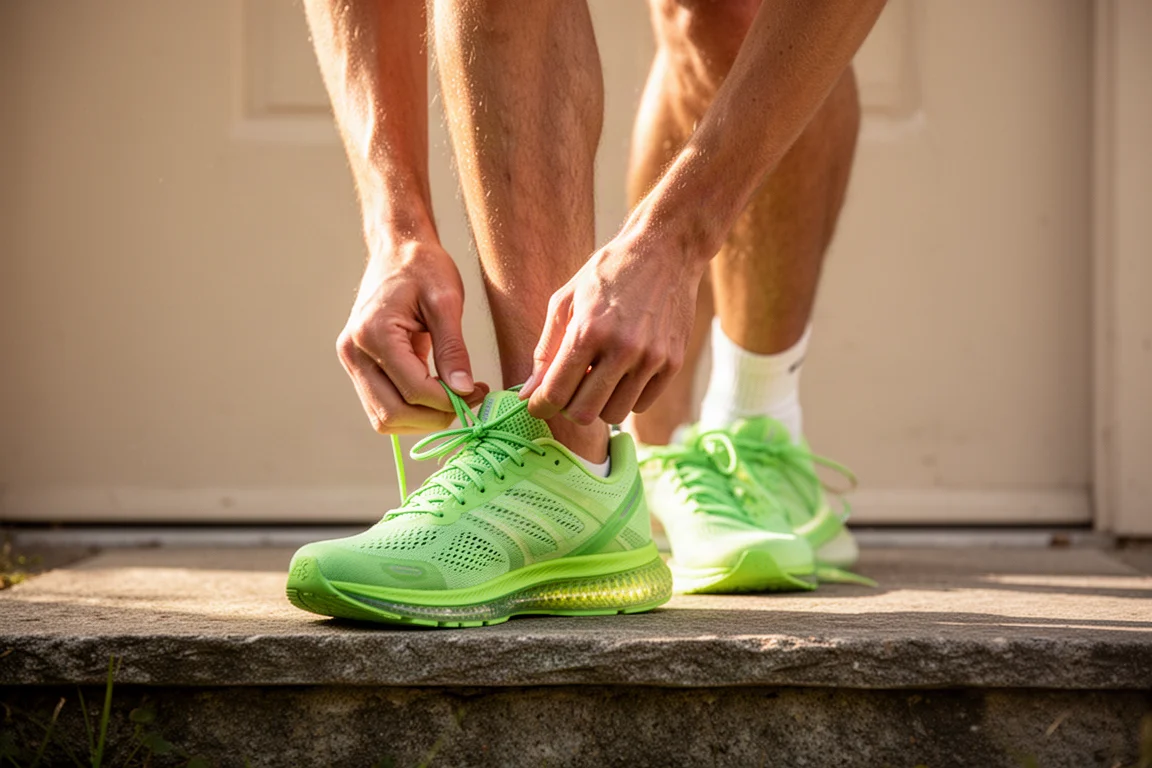 Runner lacing up a green running shoe on a doorstep before a run