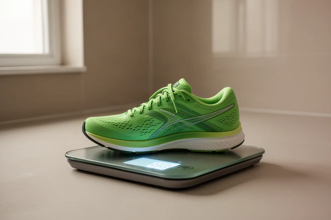Running shoe on a scale showing a heavy weight reading