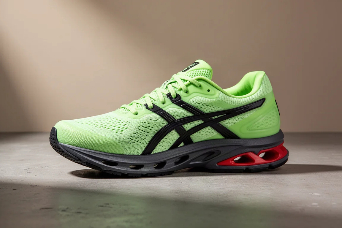 Bright green running shoe with translucent mesh upper and red midsole plate element