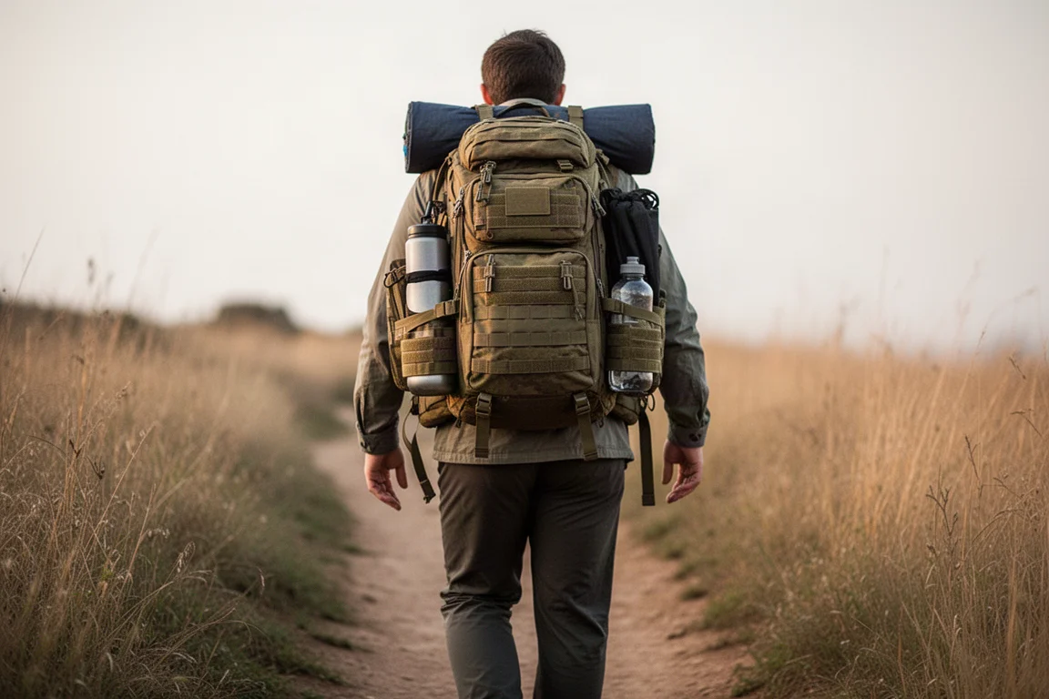 Wanderer mit beladenem Rucksack auf einem Pfad, darin Gewichtsplatten