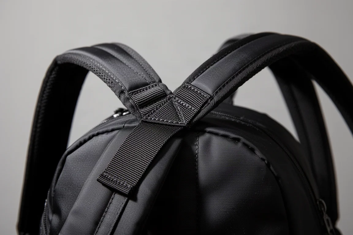 Nahaufnahme gepolsterter Rucksackschultergurte an einer Tasche