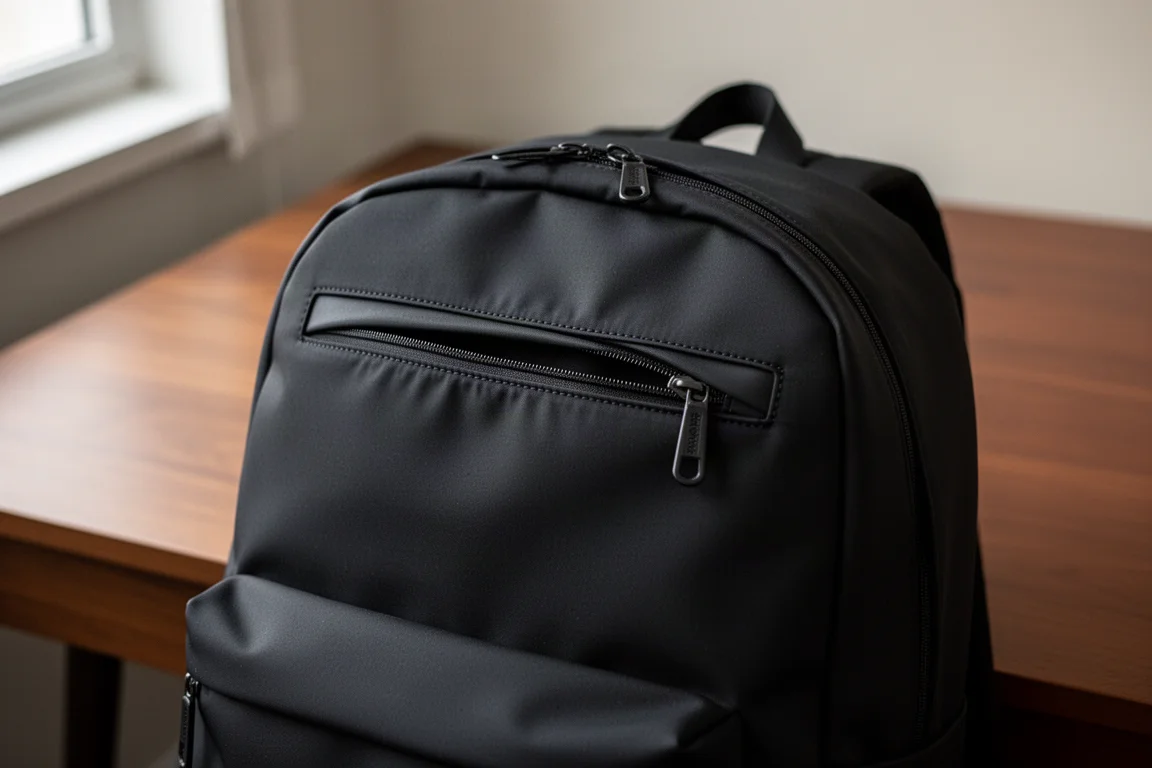 Oberseite eines Rucksacks mit stretchiger Reißverschluss-Slashtasche