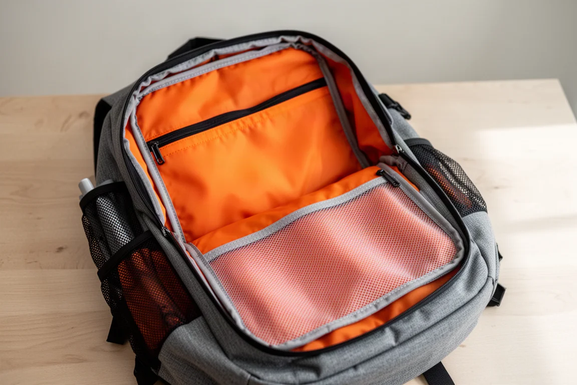 Rucksack-Innenraum mit orangefarbenem Futter und offener Mesh-Deckeltasche