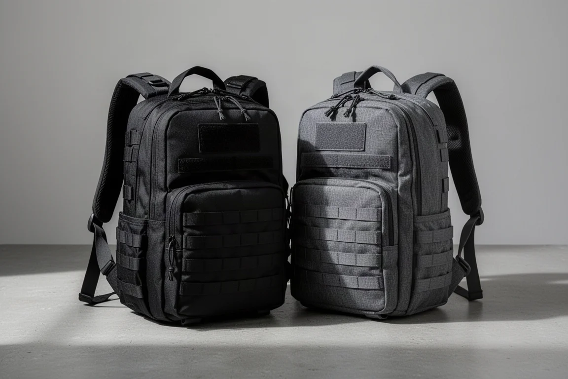Two tactical backpacks side by side on a concrete surface