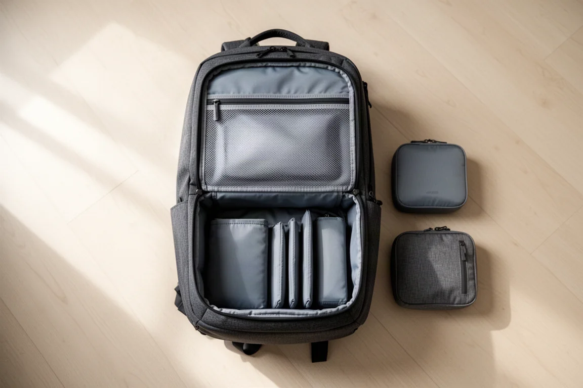 Minimalist grey travel backpack lying flat with main compartment fully opened