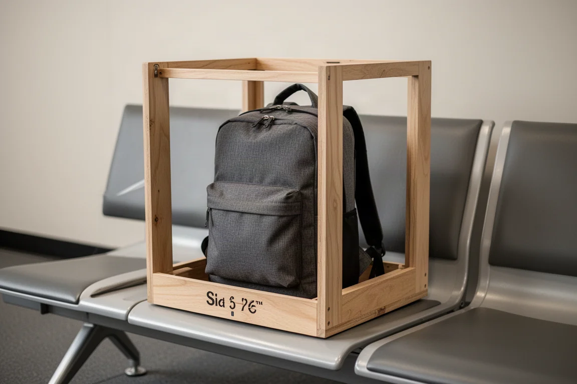Traveler checking whether a grey backpack fits inside a small airline personal item sizing box