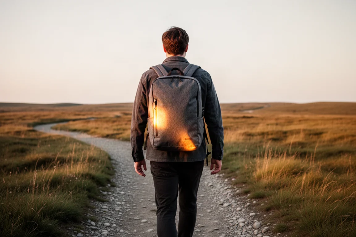 Person rucking with a loaded grey backpack on an outdoor trail at golden hour