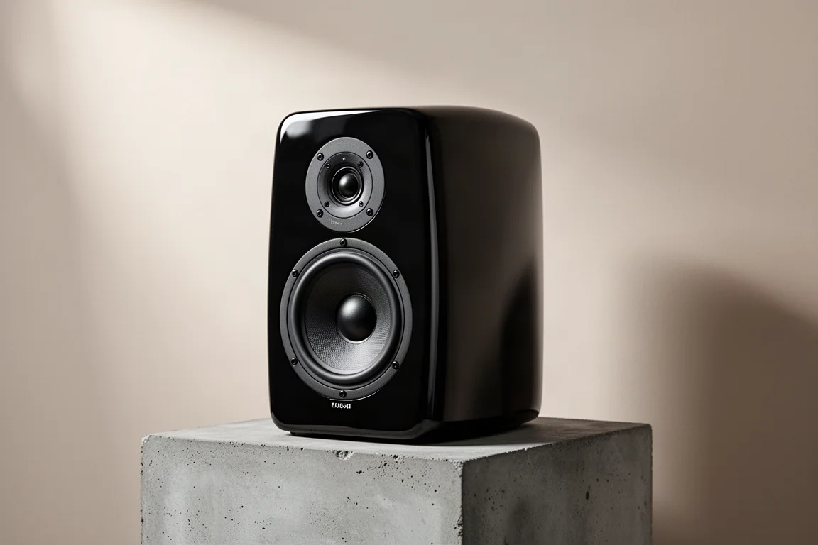 Compact curved gloss black standmount speaker on a concrete plinth in soft studio light