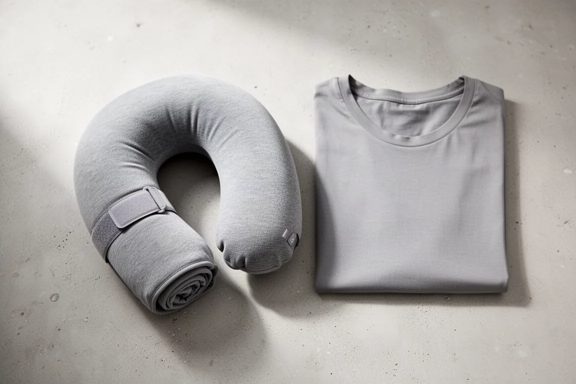 Cuscino da viaggio arrotolato fissato con una fascia in velcro accanto a una t-shirt piegata