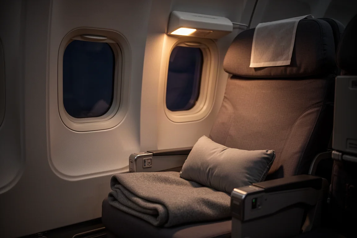 Posto a sedere in cabina di un aereo di notte con un passeggero che riposa su un cuscino collo