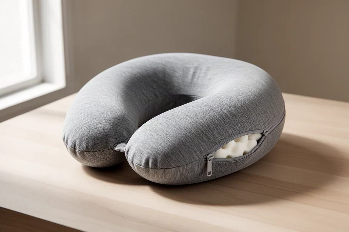 Almohada de viaje en forma de U gris con cremallera trasera parcialmente abierta sobre una superficie de madera