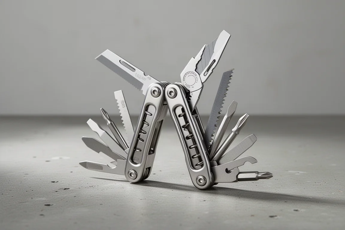 Compacte roestvrijstalen multitool open staand op een betonnen ondergrond