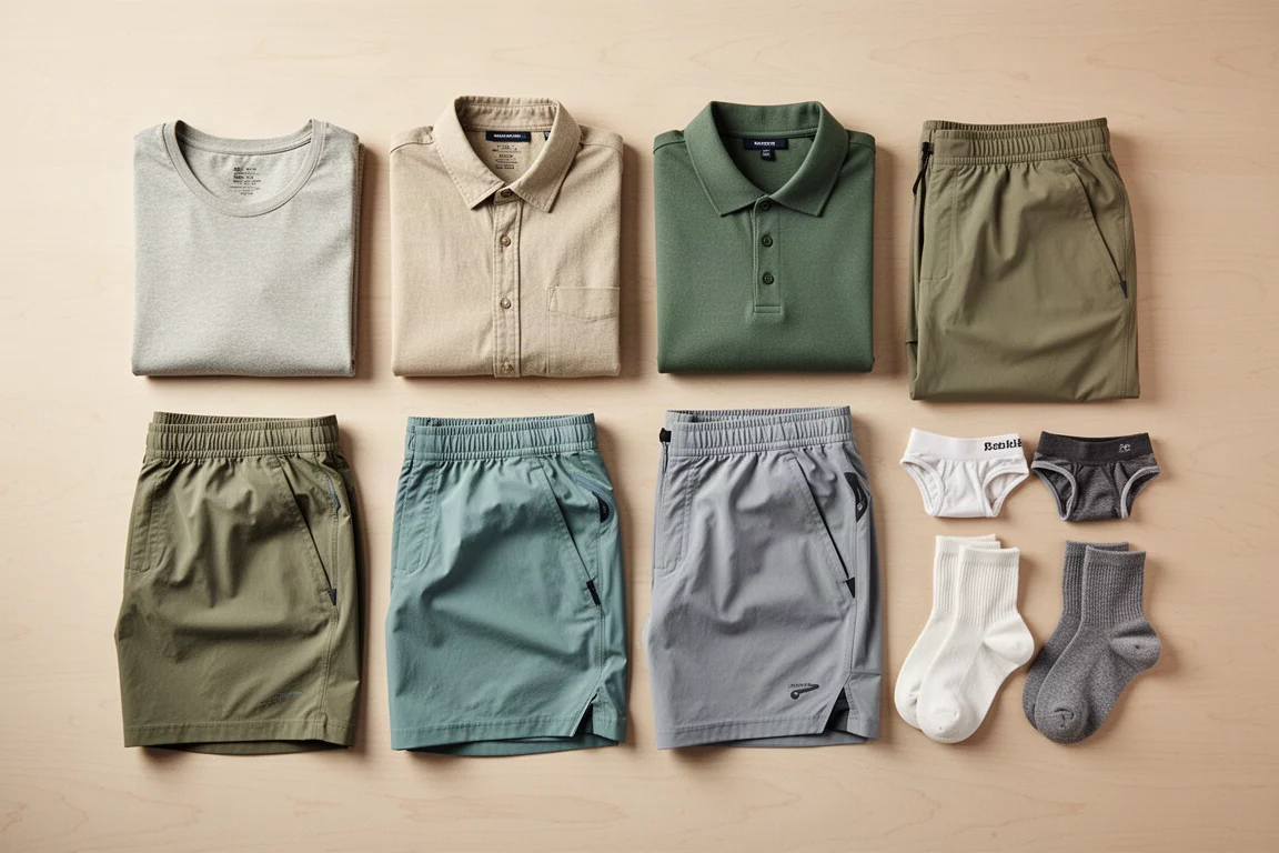 Kleding plat uitgespreid in een mix-en-match reisgarderobe-indeling