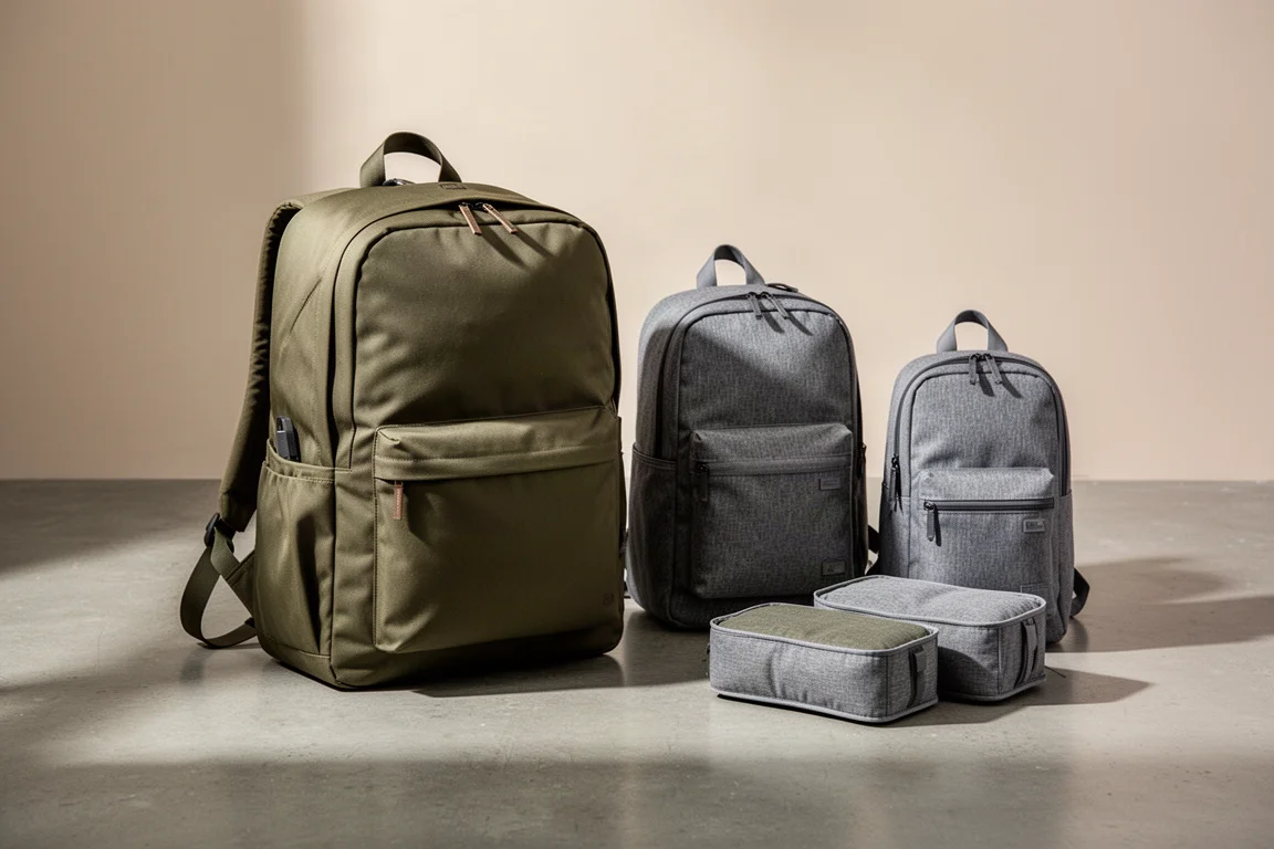Several Cabin Zero travel backpacks of different sizes on a concrete floor with packing cubes