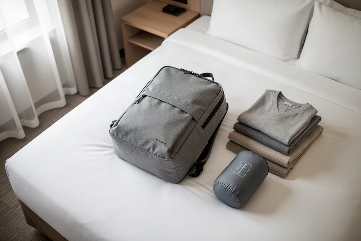 Mochila de viagem minimalista estendida numa cama com roupas dispostas ao lado