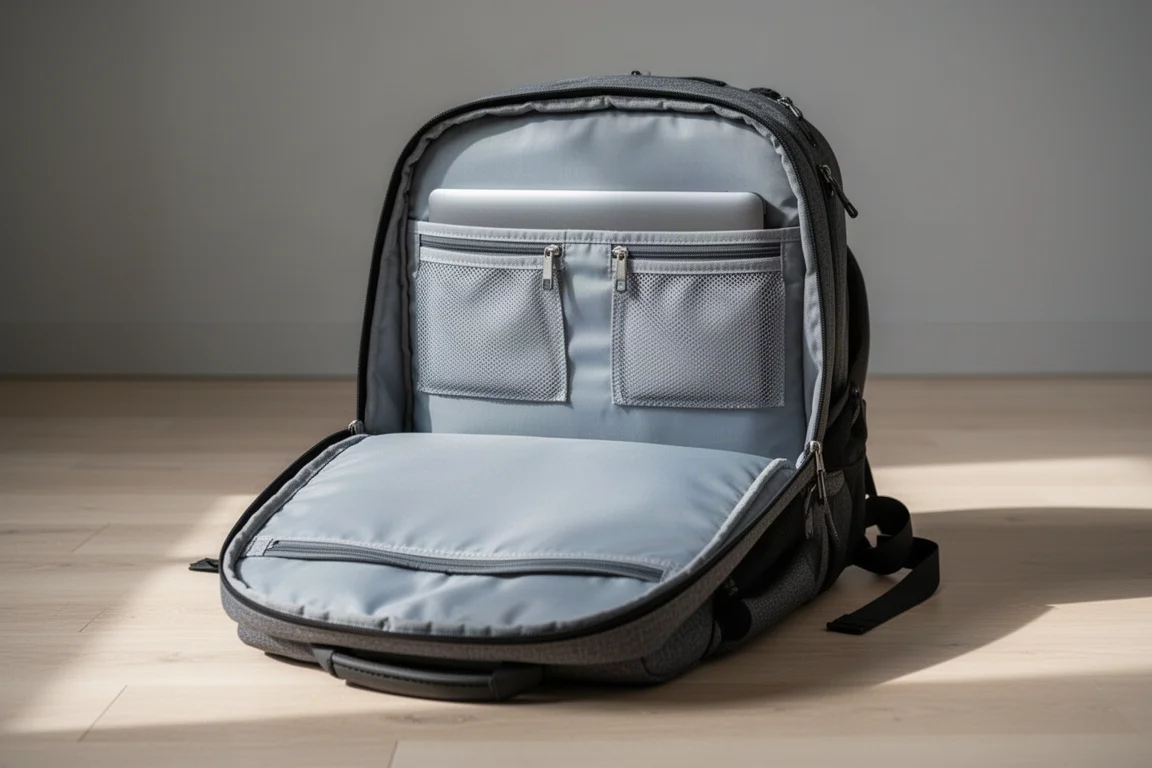 Mochila aberta mostrando um grande compartimento principal vazio