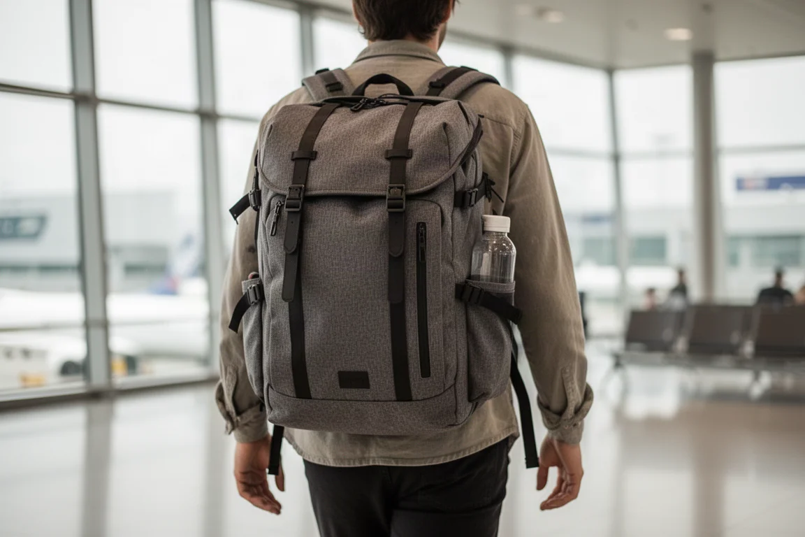 Viajante com uma mochila totalmente carregada num terminal de aeroporto