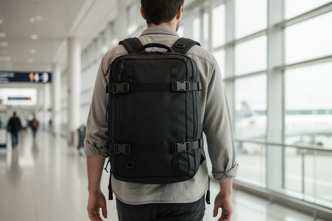 Viajero cargando una mochila compacta en la terminal de un aeropuerto