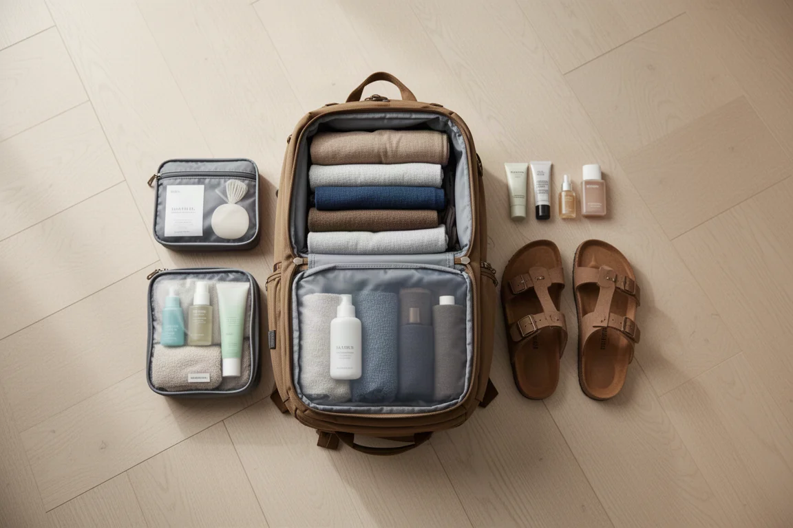 Interior abierto de una mochila con un cubo organizador y ropa dentro