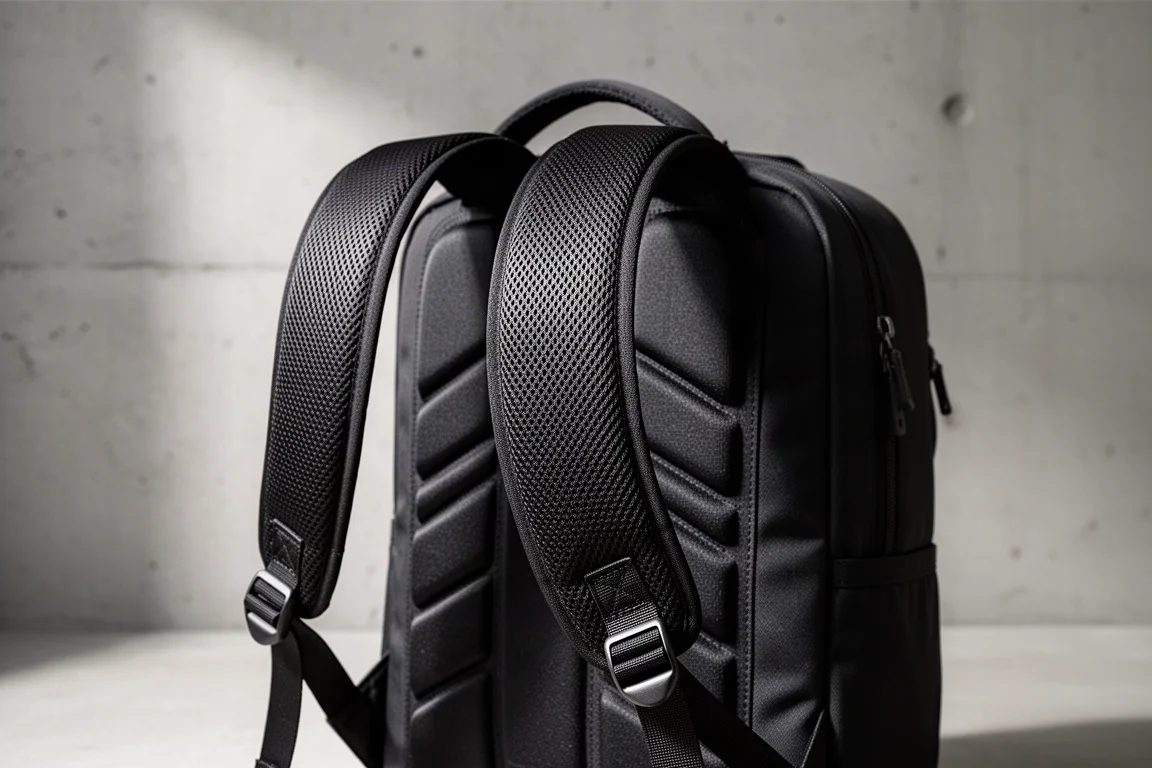 Correas de hombro acolchadas y panel trasero de una mochila de viaje