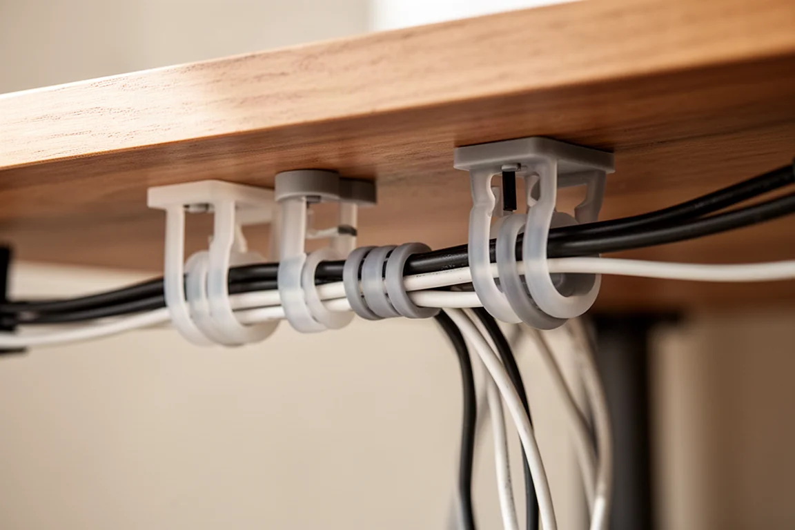Nahaufnahme von Silikon-Kabelhaltern und Clips, die Kabel unter einem Schreibtisch verlegen