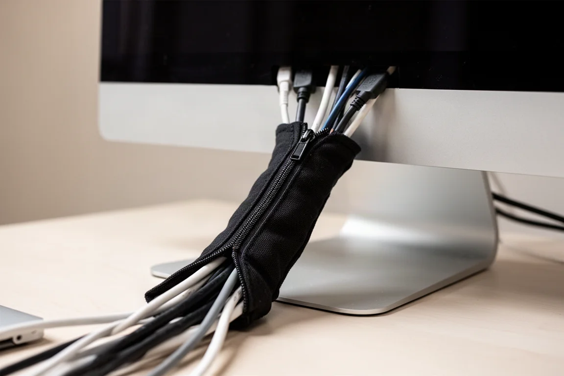 Kabelschläuche, die mehrere Kabel hinter einem Monitor zu einer Einheit bündeln