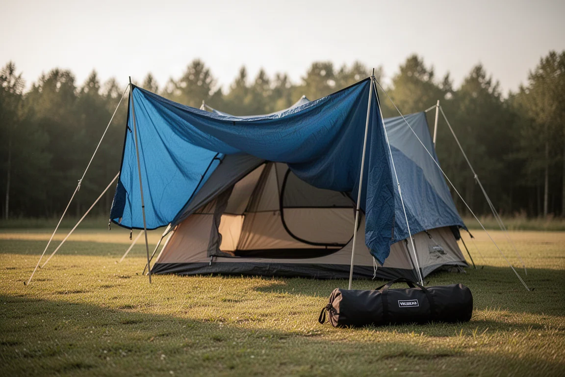 Ampia instant cabin tent a metà montaggio su un campeggio erboso con una sacca da trasporto piegata nelle vicinanze