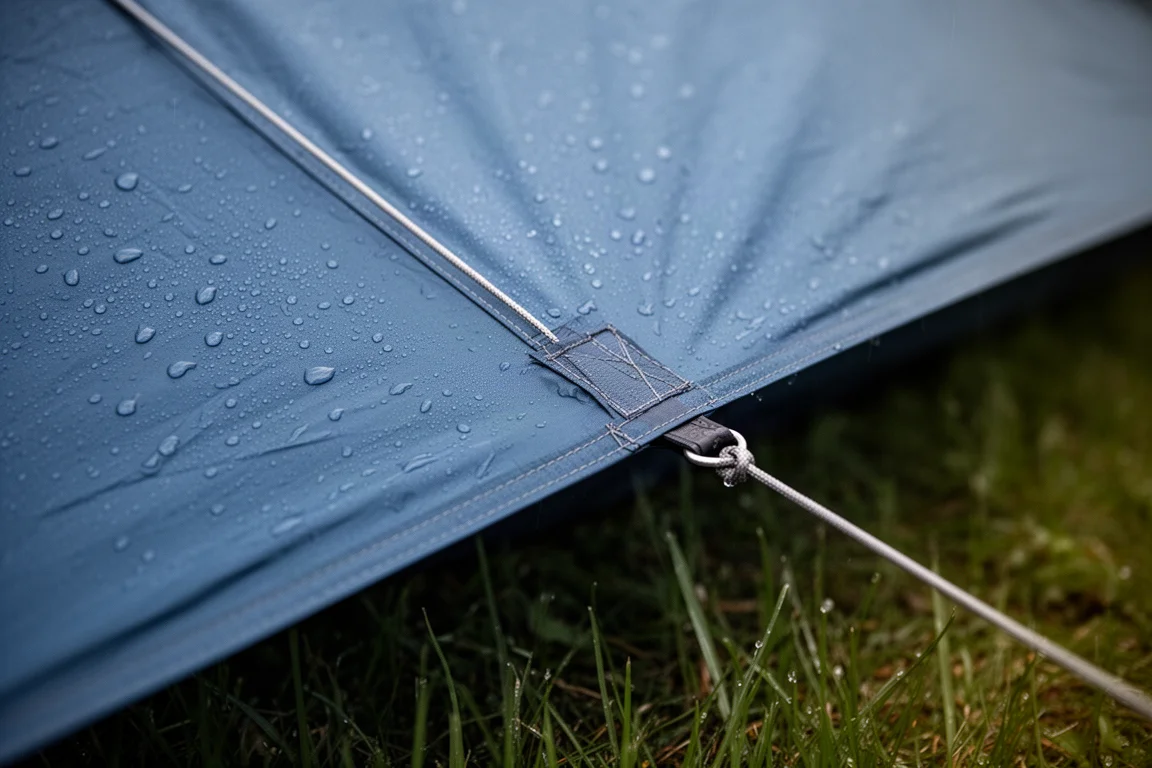 Primo piano di un rainfly della tenda coperto di goccioline d'acqua e un tirante ben teso