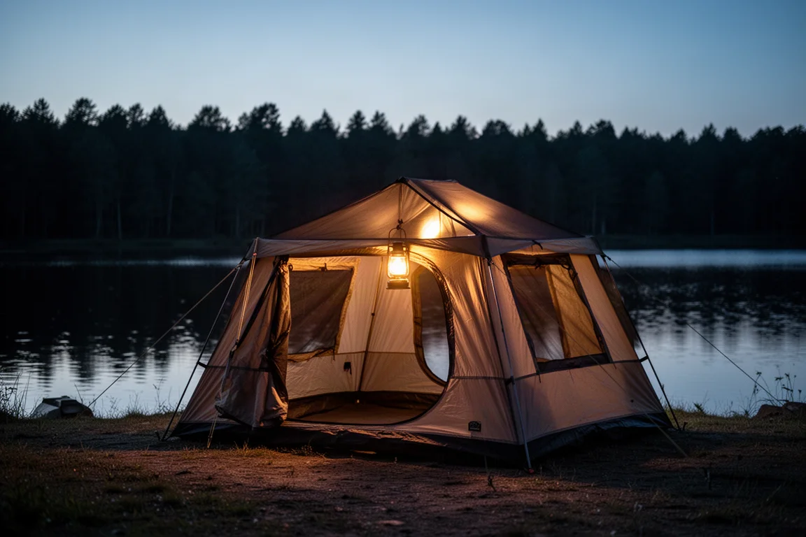 Tenda da campeggio cabin illuminata da una lanterna in un campeggio sul lago al crepuscolo