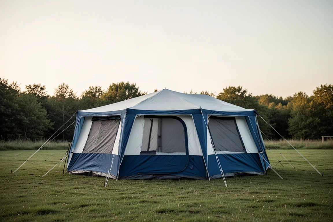 Sechspersonen-Cabin-Zelt auf einer grasbewachsenen Campinglichtung im weichen Abendlicht