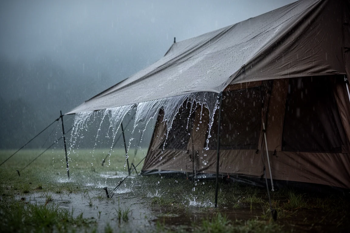 Starker Regen läuft an einem Zelt-Rainfly ab, während der Zeltenkörper trocken bleibt
