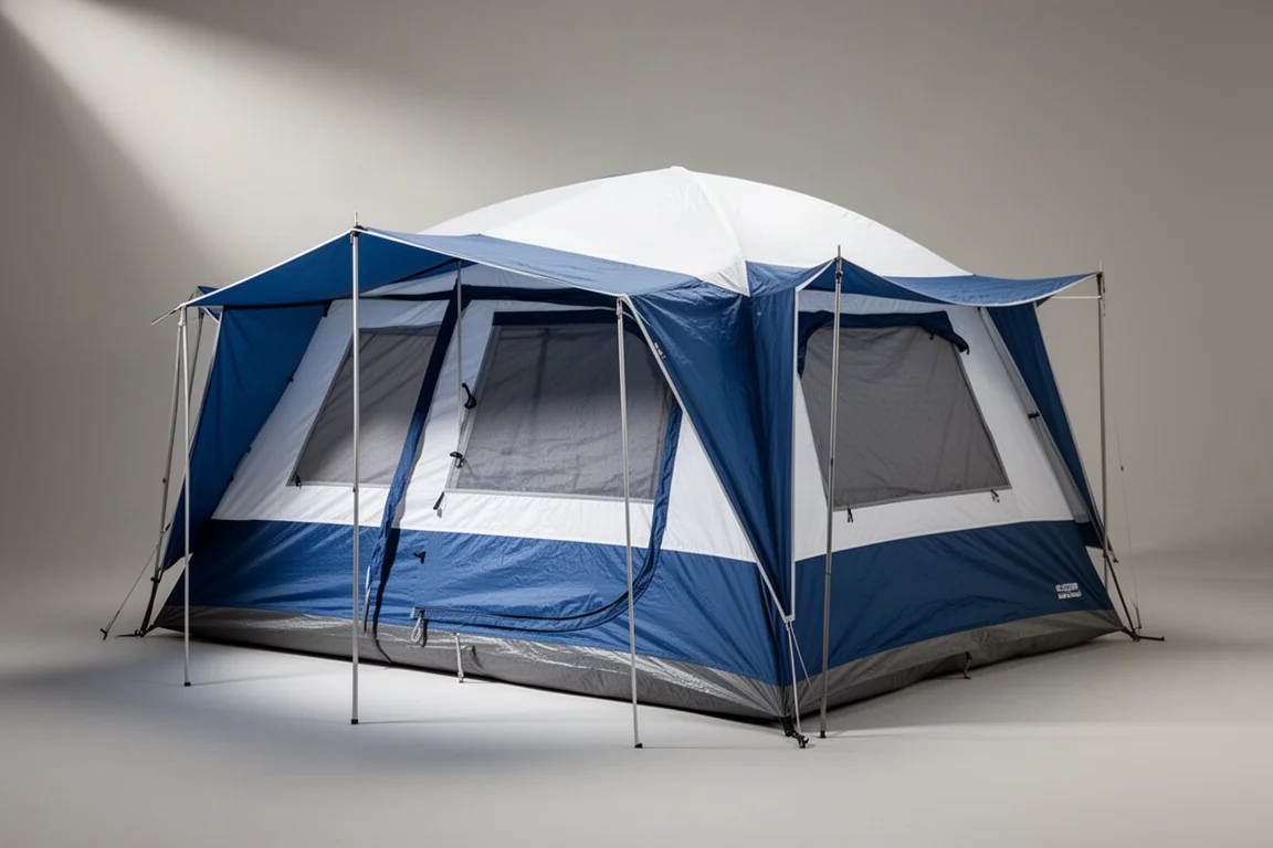 Six-person instant cabin tent with blue and white panels and rainfly on a grey backdrop