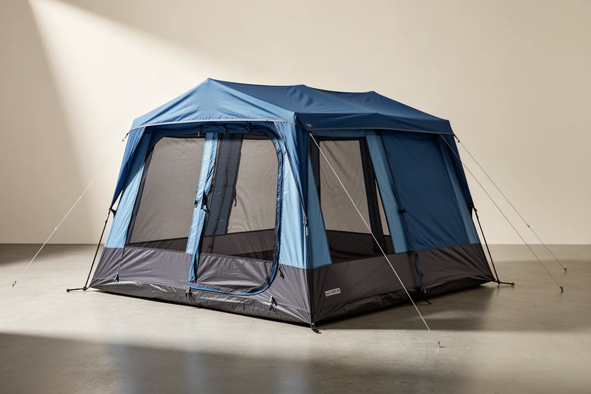 Six-person instant cabin tent with blue rainfly pitched on a neutral surface