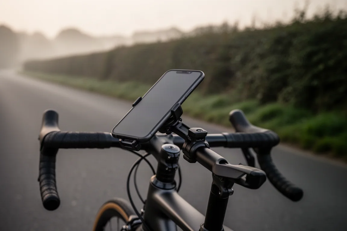 ロードバイクのハンドルバーにマウントされたスマートフォン、背後には柔らかくぼけた田舎道