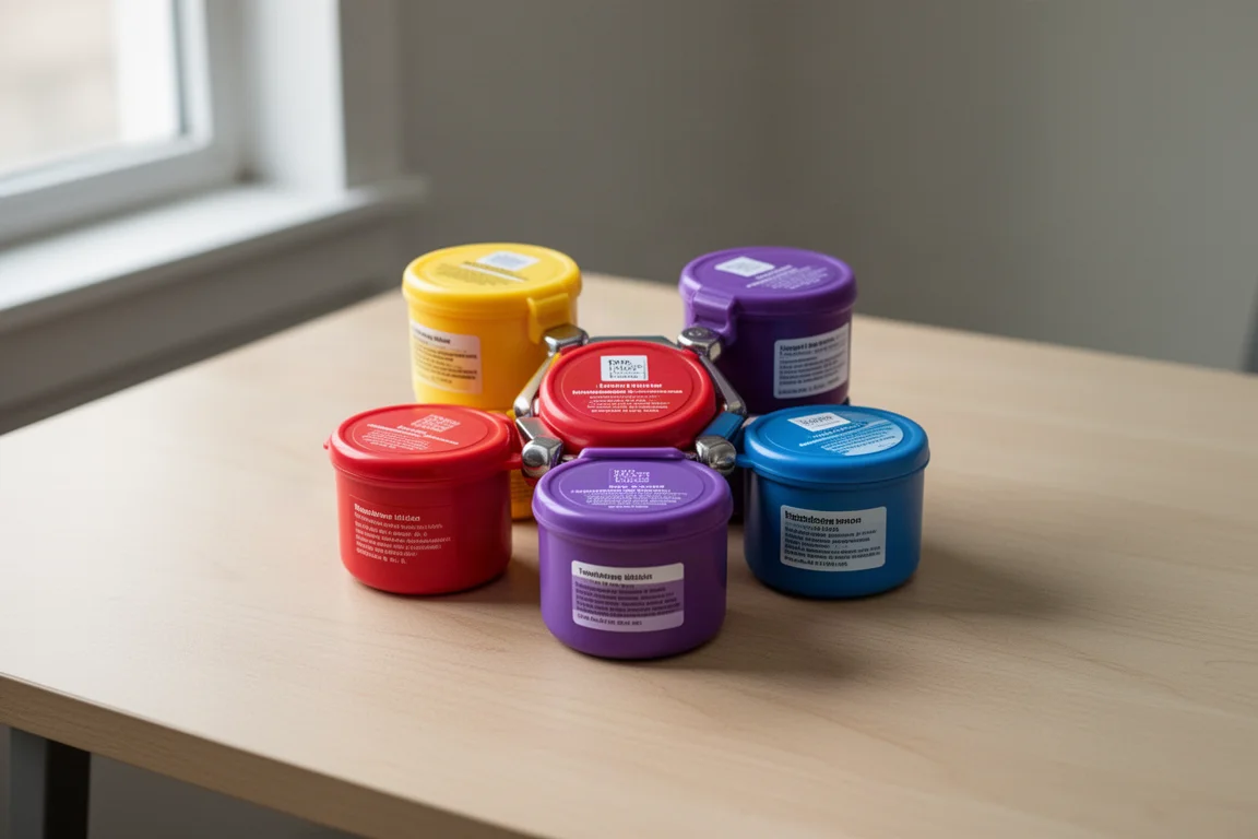 Cápsulas de viaje con código de colores dispuestas en un racimo magnético hexagonal
