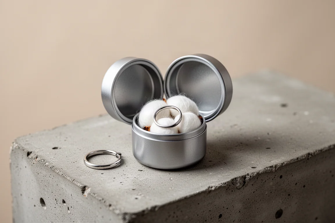 Cápsula de viaje usada como estuche compacto de joyería con un anillo y una bola de algodón dentro