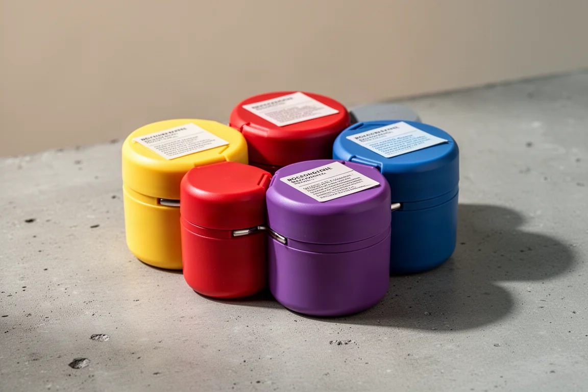 Six colorful Cadence-style travel capsules connected in a honeycomb cluster on concrete