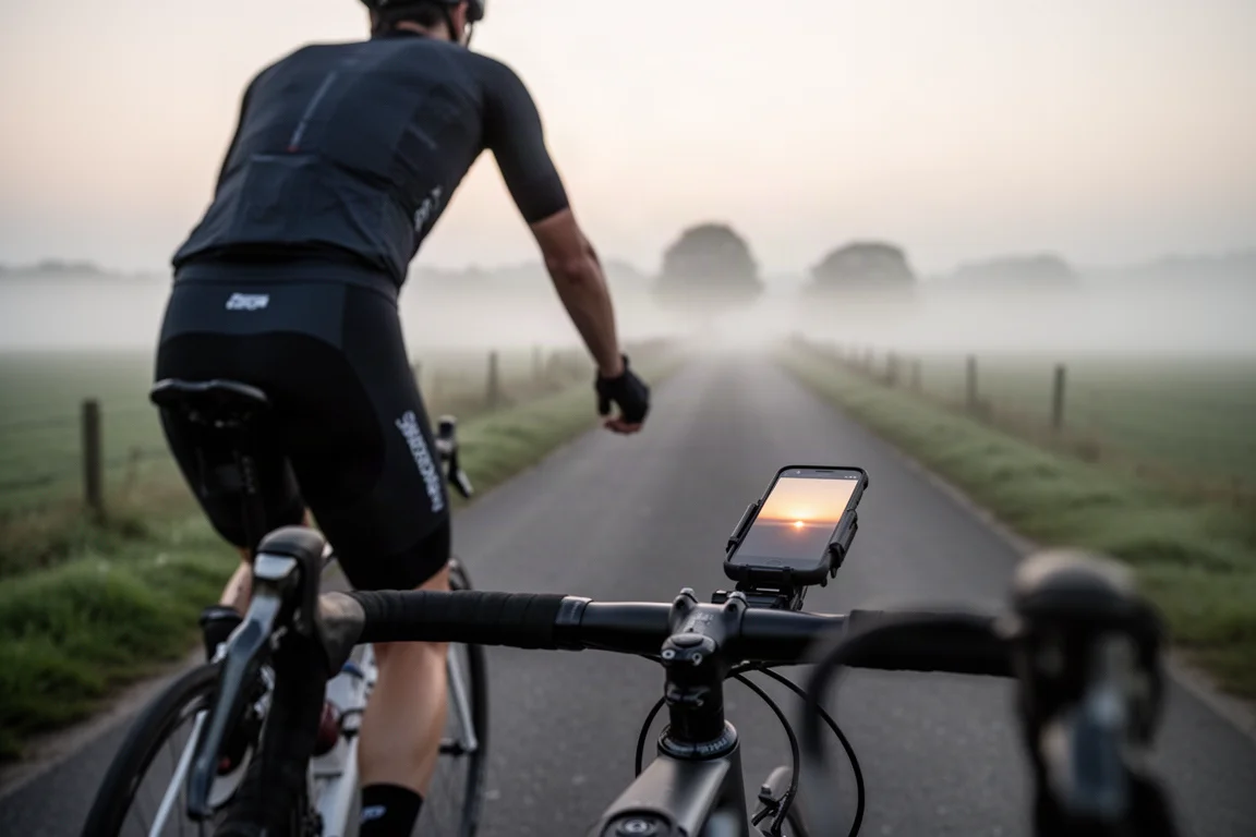 Cycliste sur route roulant à l'aube avec un smartphone fixé sur le guidon