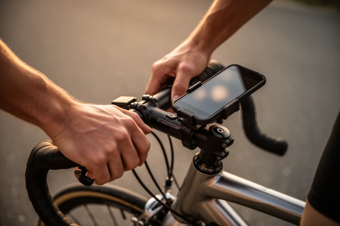 Vue rapprochée des mains d'un cycliste sur le guidon, à côté d'un smartphone fixé