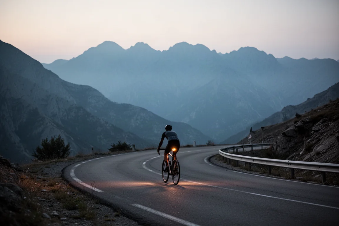 Cycliste gravissant une route de montagne sinueuse au crépuscule, collines à l'horizon