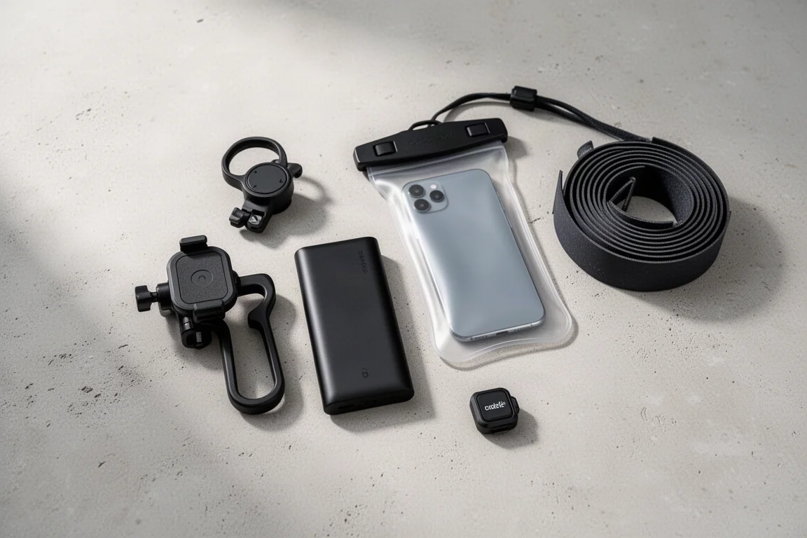 Vue à plat d'accessoires cyclistes essentiels : support de téléphone, batterie externe et étui étanche