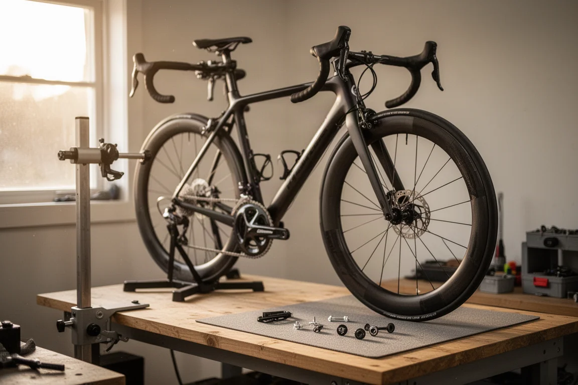Bicicleta de carretera en un soporte de taller con una rueda de carbono y herramientas cerca