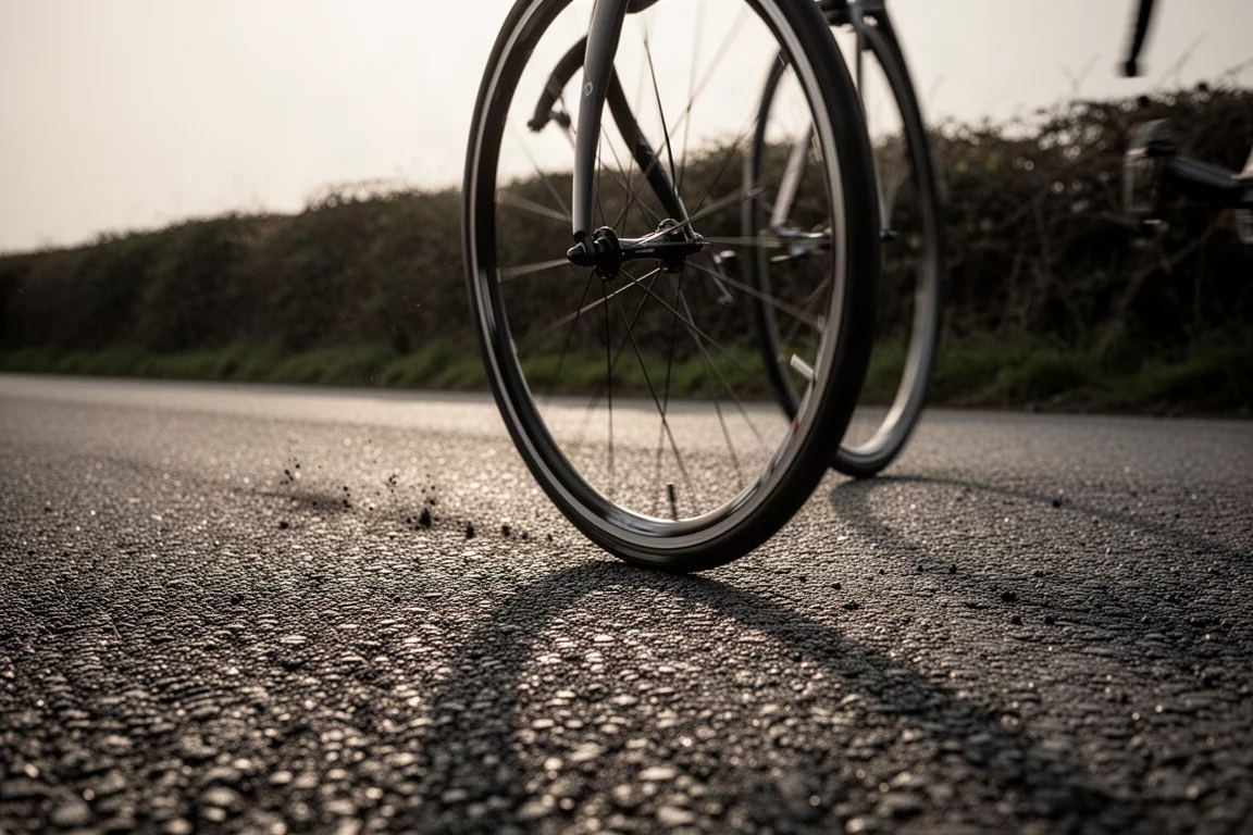 Rueda de bicicleta de carretera rodando sobre asfalto rugoso con gravilla a la luz del atardecer
