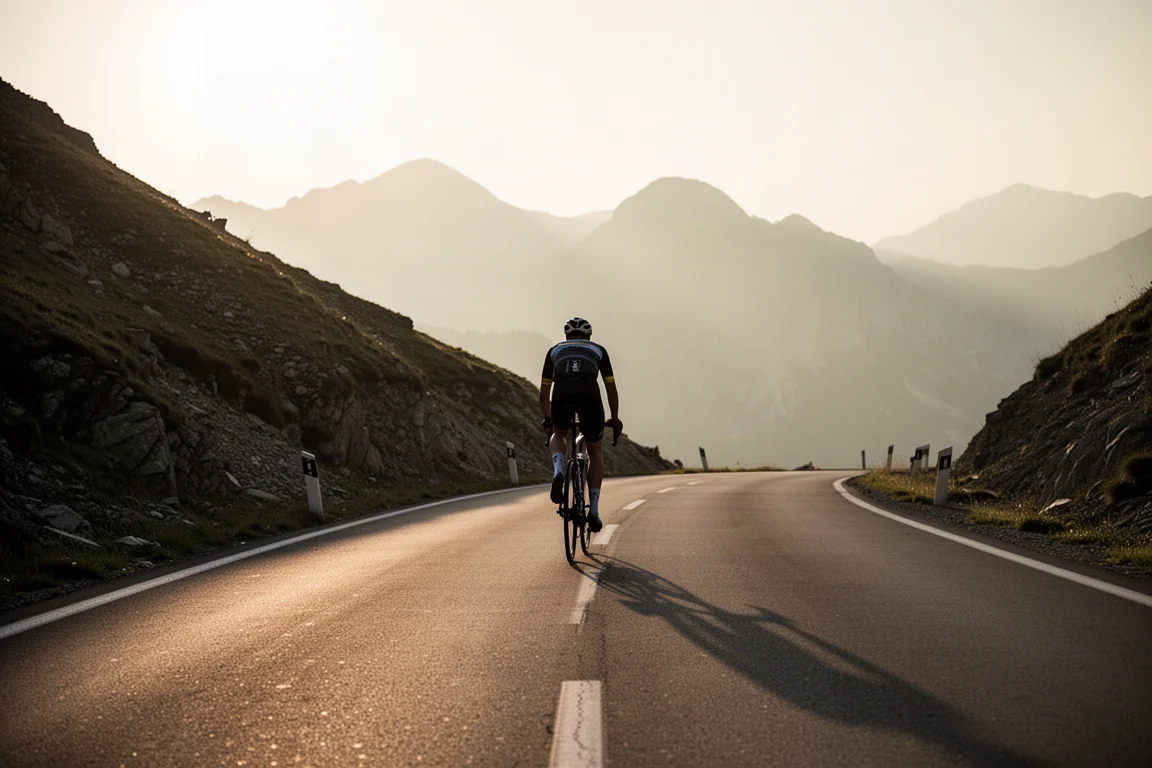 Ciclista de carretera distante subiendo una carretera de montaña a la hora dorada