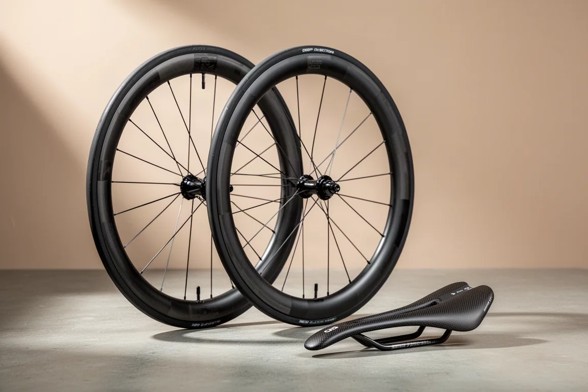 コンクリート面に並べられたカーボンロードバイク用ホイールセットと薄型カーボンサドル