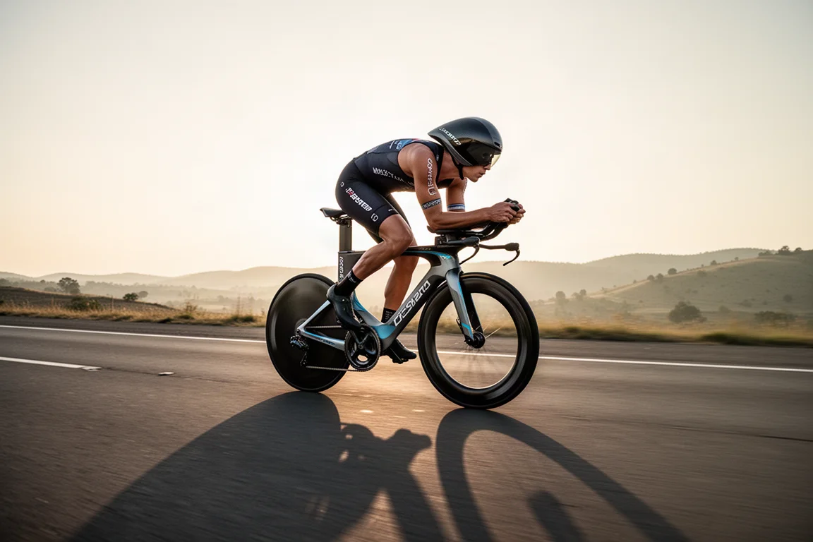 Triathlet in aerodynamischer Sitzposition auf einem futuristischen Triathlonrad auf offener Straße