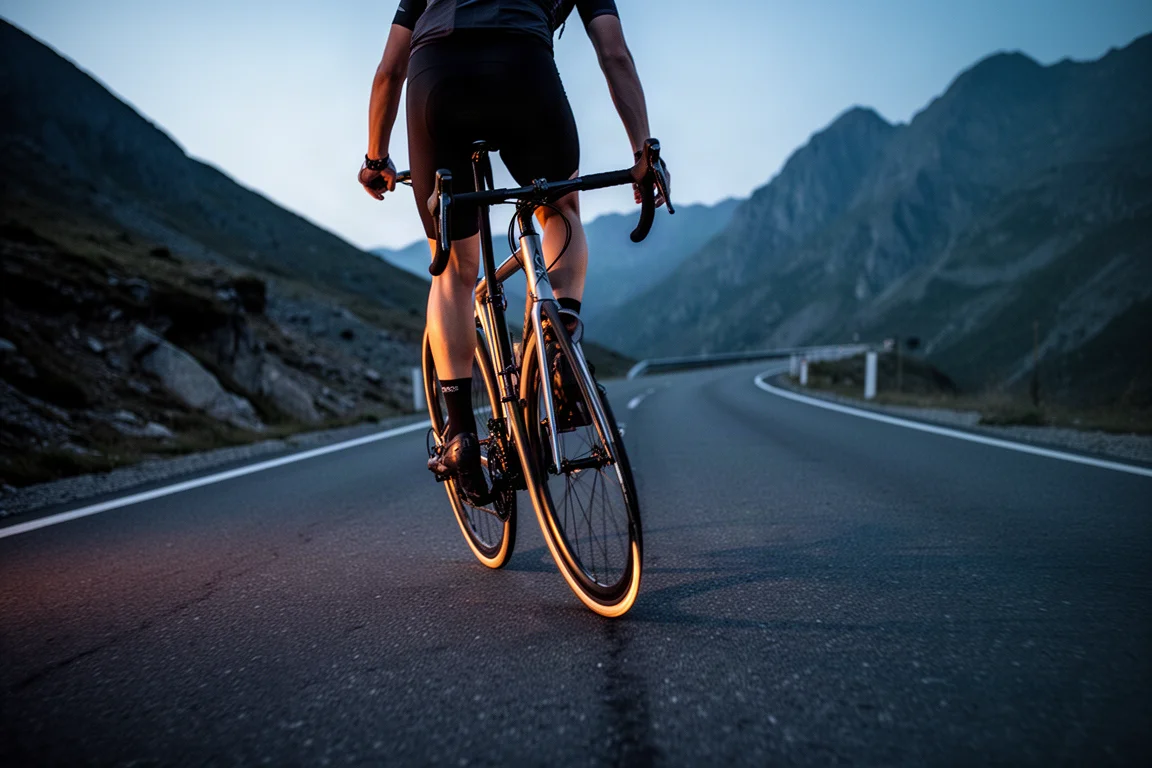 Radfahrer, der bei Dämmerung auf einem steifen Carbon-Rennrad eine steile Straße erklimmt