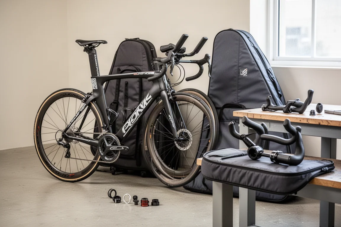 Triathlonrad wird in einer hellen Werkstatt in einen Transportkoffer verpackt