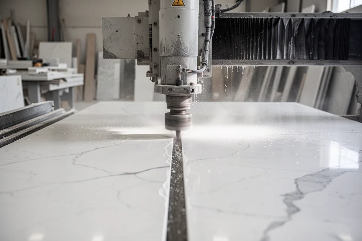 CNC 锯机在石材加工车间内切割石英石板材